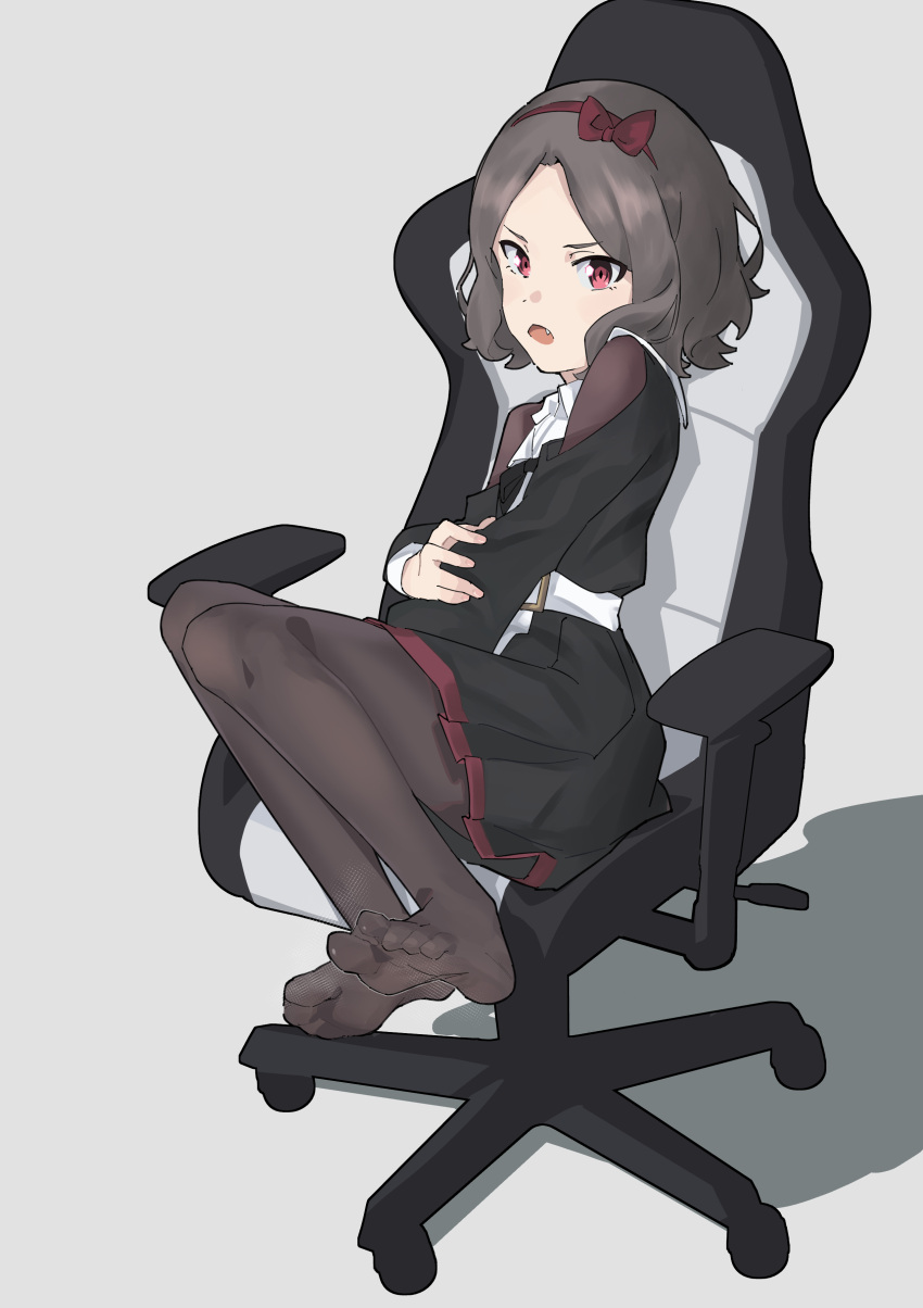 1girl, absurdres, belt, black_dress, black_pantyhose, bow_hairband, brown_hair, chair