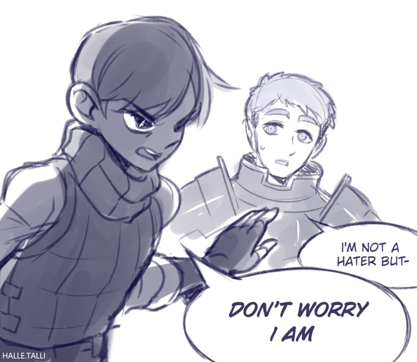 2boys, armor, artist_name, chilchuck_tims, commentary, dungeon_meshi, english_commentary, english_text, fingerless_gloves, gloves, greyscale, halletalli, hand_up, highres, laios_touden, leather_armor, let_him_cook_(meme), male_focus, meme, monochrome, multiple_boys, plate_armor, short_hair, sketch, speech_bubble, upper_body, v-shaped_eyebrows, white_background