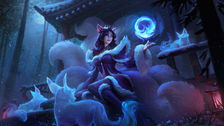 absurdres, ahri_(league_of_legends), animal_ear_fluff, animal_ears, artist_request, energy_ball, facial_mark, fox, fox_ears, fox_girl, fox_tail, highres, holding_orb, kitsune, kyuubi, league_of_legends, midnight_ahri, multiple_tails, tail, temple, whisker_markings