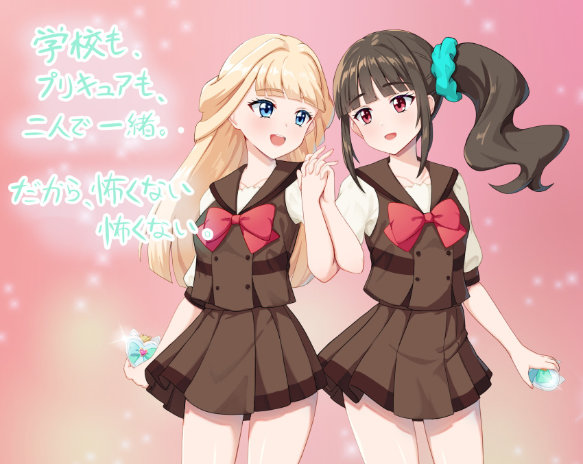 2girls, alcmls1230, blonde_hair, blue_eyes, brown_hair, commentary_request, highres, holding_hands