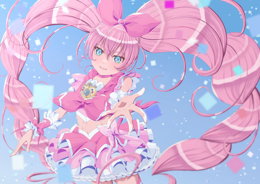 1girl, aikawa_yousuke, blue_background, blue_eyes, bow, brooch, choker, confetti