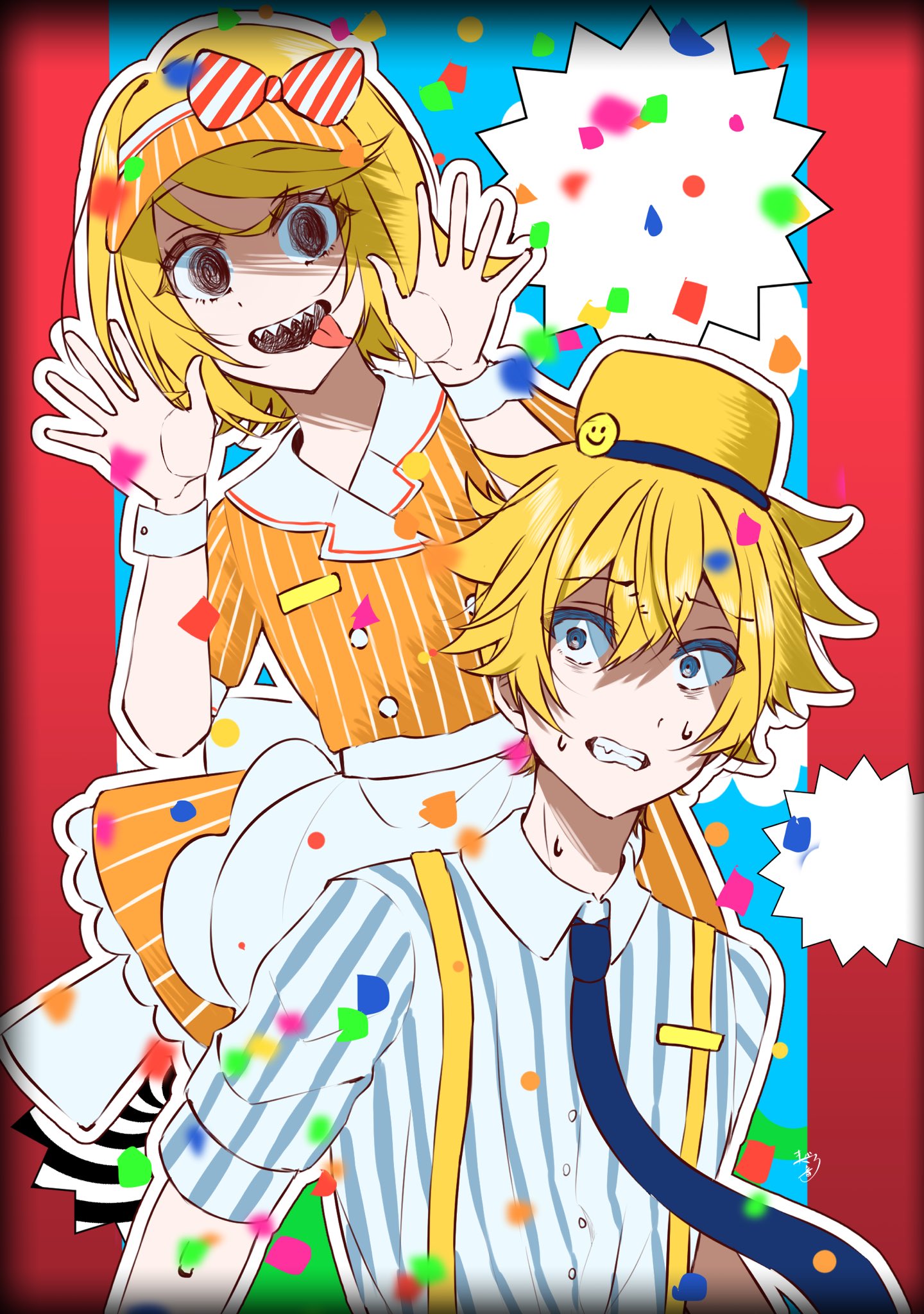 1boy, 1girl, @_@, apron, bags_under_eyes, black_eyes, black_mouth, blue_necktie