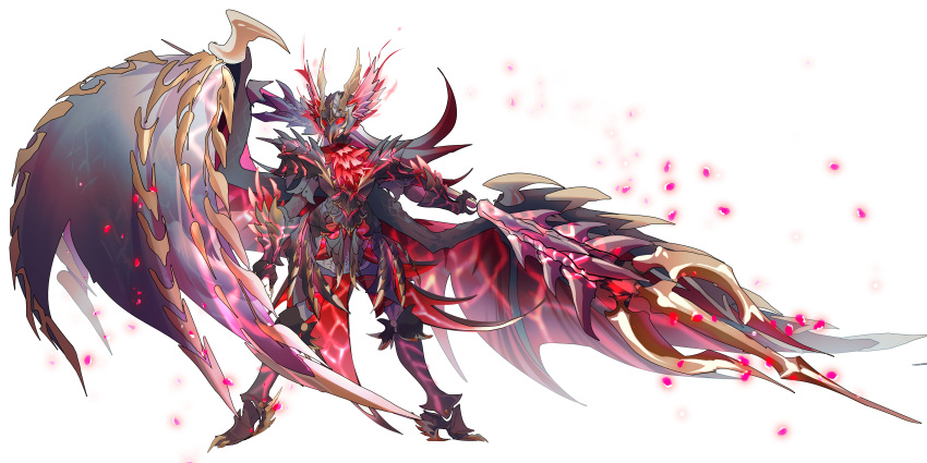 1girl, absurdres, armor, breastplate, dragon_girl, dragon_horns, dragon_wings, full_body, gauntlets, glowing, glowing_eyes, greaves, helmet, high_heels, highres, holding, holding_polearm, holding_trident, holding_weapon, horns, lanmizu2002, large_wings, long_hair, malzeno_(monster_hunter), monster_hunter_(series), multicolored_hair, pauldrons, personification, polearm, red_eyes, redhead, shoulder_armor, solo, two-tone_hair, weapon, white_background, white_hair, winged_helmet, wings