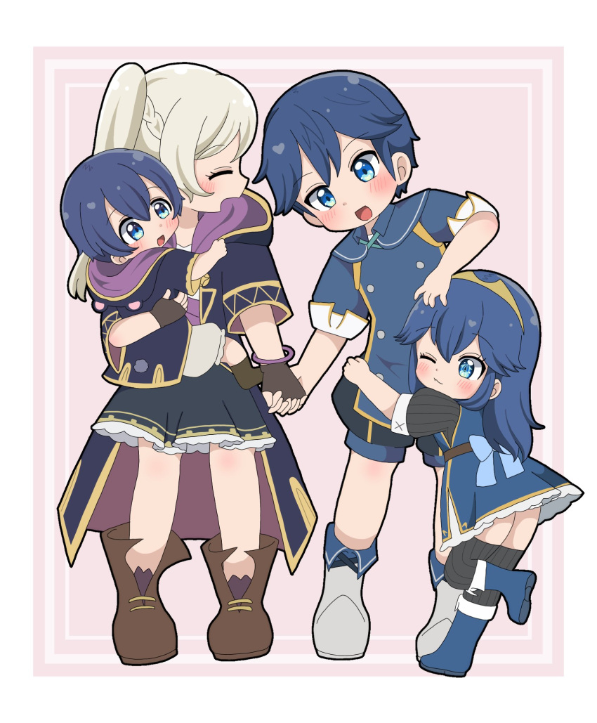 aged_down, black_coat, blue_dress, blue_eyes, blue_footwear, blue_hair, blue_shirt, blush