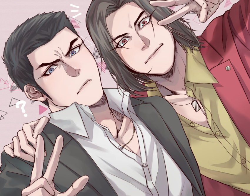 2boys, ?, aged_down, black_hair, blazer, blue_eyes, coco_(h221414), collared_shirt