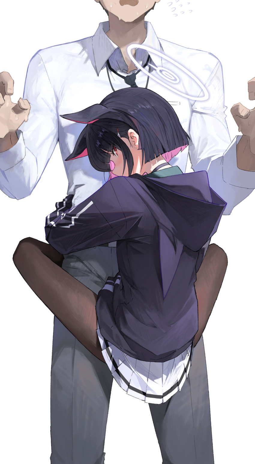 1-5iro, 1boy, 1girl, absurdres, animal_ears, black_choker, black_hair, black_jacket, black_pantyhose, blue_archive, blush, cat_ears, choker, collared_shirt, colored_inner_hair, doodle_sensei_(blue_archive), extra_ears, grey_pants, halo, highres, hood, hood_down, hooded_jacket, jacket, kazusa_(blue_archive), long_sleeves, multicolored_hair, pants, pantyhose, pink_hair, pink_halo, pleated_skirt, red_eyes, sensei_(blue_archive), shirt, short_hair, simple_background, skirt, white_background, white_shirt, white_skirt