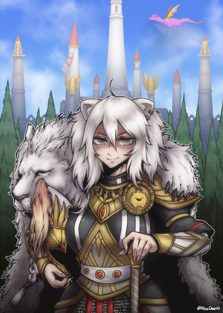 1girl, ahoge, animal_ears, armor, blue_sky, closed_mouth, clouds, cloudy_sky