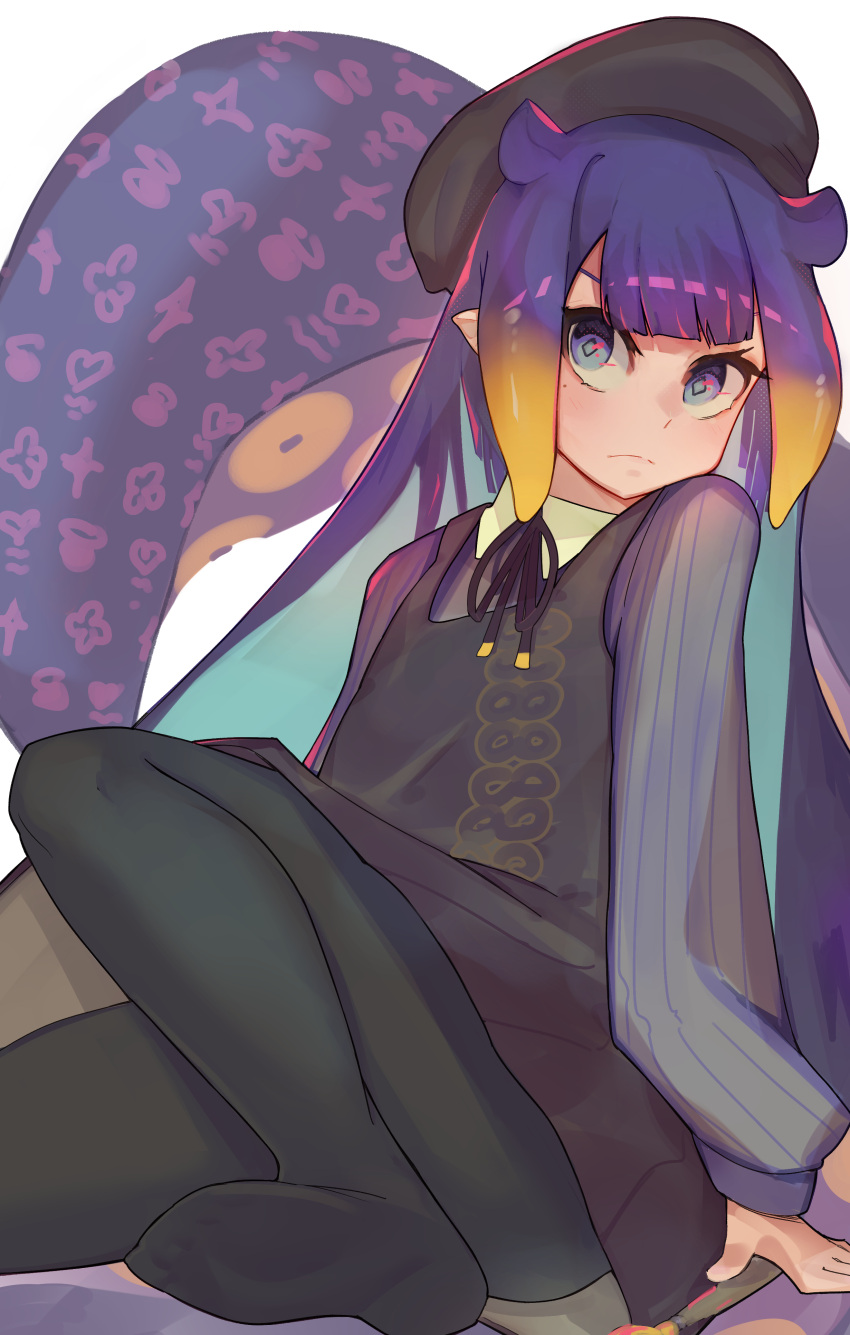 >:(, 1girl, absurdres, angry, animal_ears, beret, black_beret, black_dress