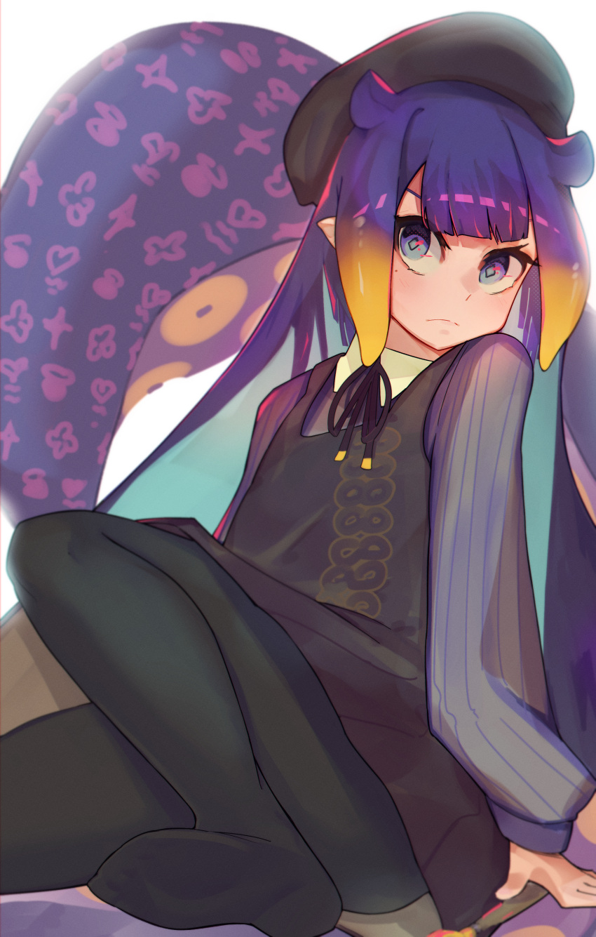>:(, 1girl, absurdres, angry, animal_ears, beret, black_beret, black_dress