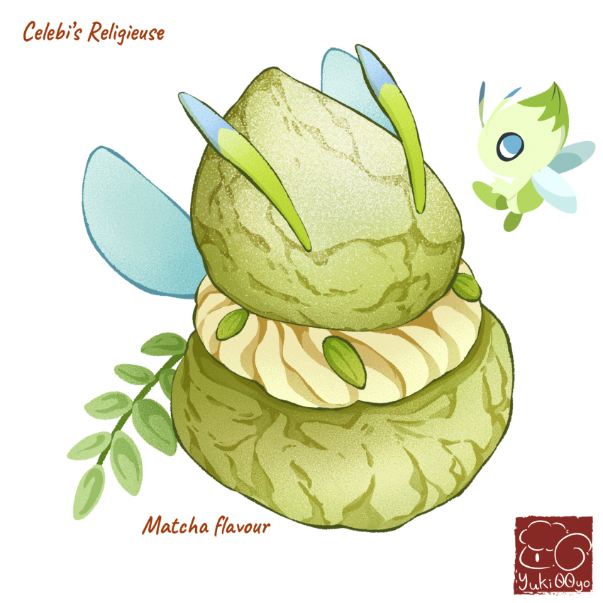 artist_logo, artist_name, celebi, character-themed_food, character_name, food, food_focus, food_name, highres, matcha_(food), no_humans, pokemon, religieuse, simple_background, white_background, yuki00yo