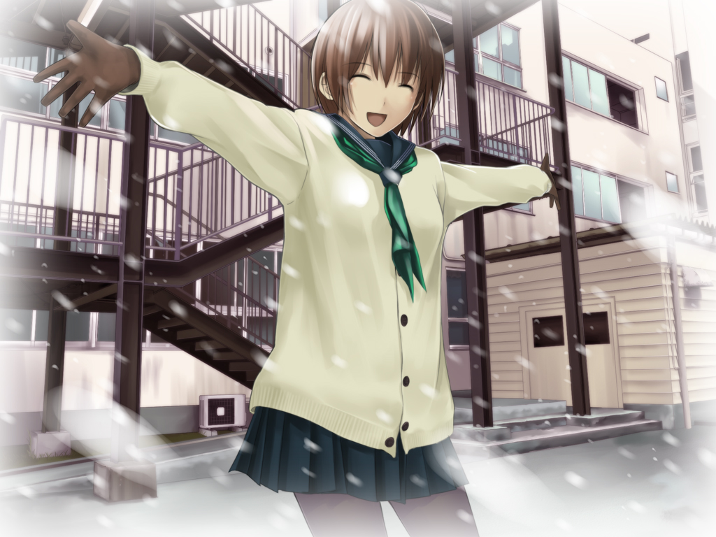 ^_^, blurry, brown_hair, building, cardigan, closed_eyes, depth_of_field, gloves, grey_legwear, hitori_(htr_t), necktie, open_mouth, original, outstretched_arms, pantyhose, pleated_skirt, school_uniform, seifuku, short_hair, skirt, smile, snow, solo, spread_arms, winter