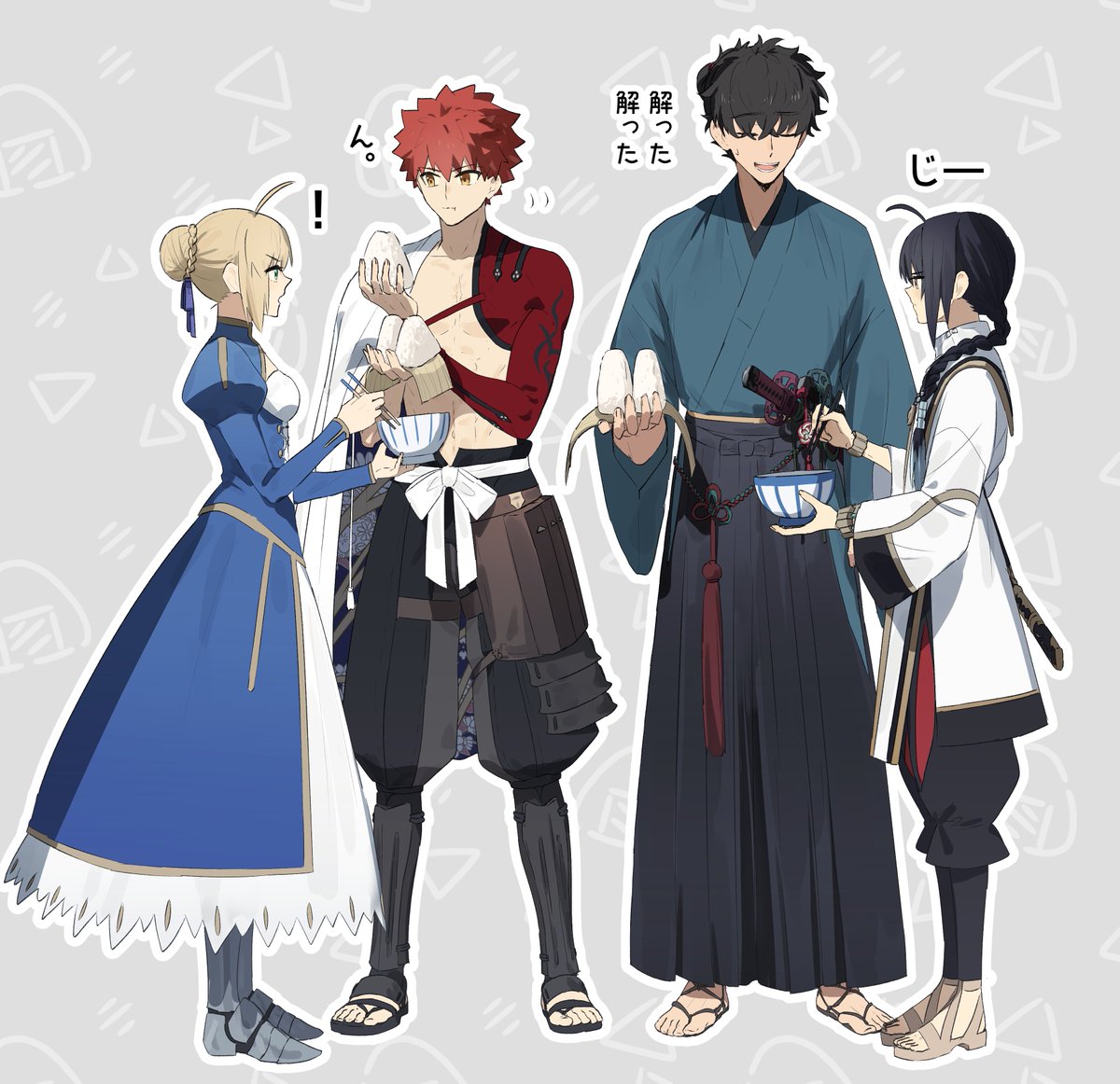 1girl, 1other, 2boys, abs, ahoge, armored_boots, artoria_pendragon_(fate), black_hair