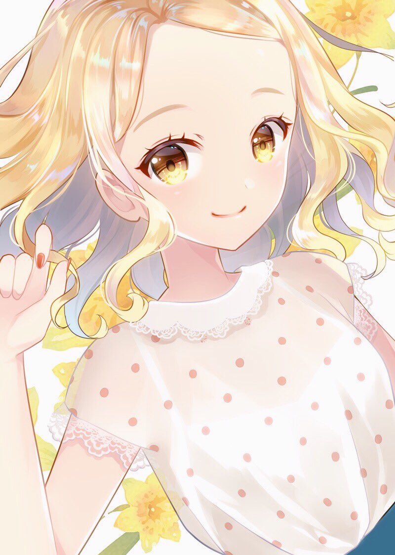 1girl, blonde_hair, camisole, closed_mouth, commentary_request, floral_background, flower, hand_up