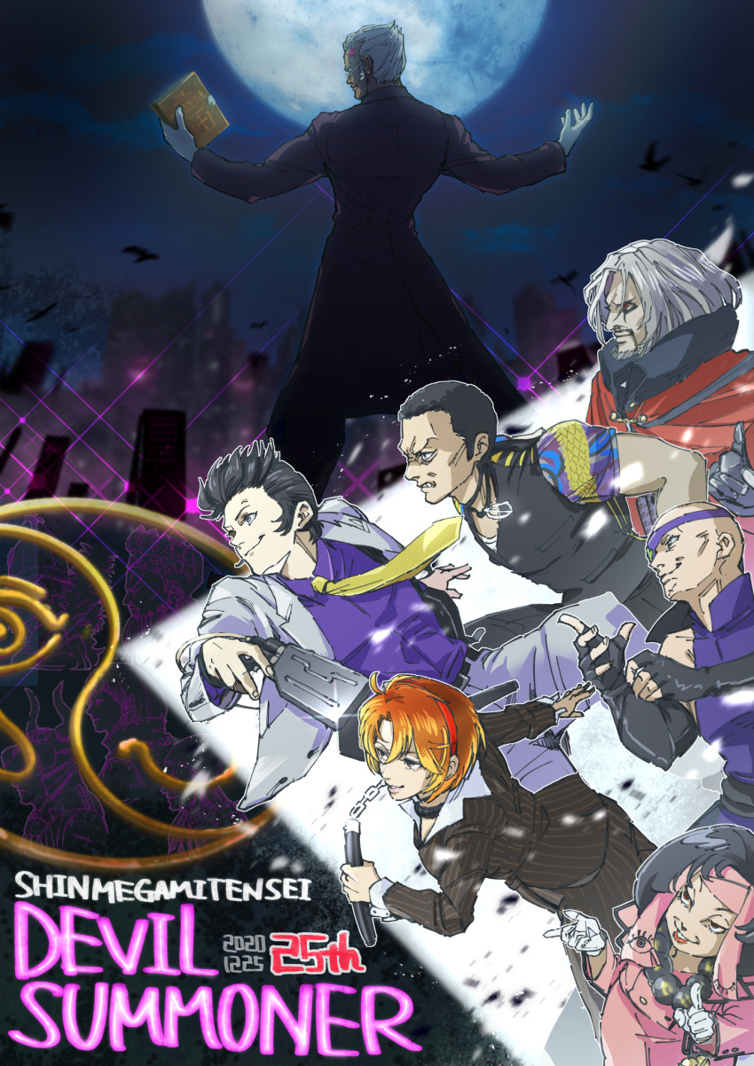 3girls, 6+boys, anniversary, bald, bare_shoulders, beard, belt, bird, black_belt, black_gloves, black_hair, book, brown_hair, business_suit, collared_shirt, copyright_name, devil_summoner_(game), devil_summoner_(series), ear_piercing, eyepatch, facial_hair, fariedone_(megami_tensei), fingerless_gloves, glasses, gloves, grey_hair, guan_yu_(megami_tensei), gump_(devil_summoner), hairband, highres, holding, holding_book, holding_nunchaku, holding_weapon, jeanne_d'arc_(megami_tensei), kisaragi_marie, kuzunoha_kyouji, multiple_boys, multiple_girls, necktie, night, nunchaku, piercing, purple_shirt, rama_(megami_tensei), red_eyes, red_hairband, rei_reiho, sanpei_mitsuba, shin_megami_tensei, shirt, sid_davis, suit, takashi_(devil_summoner), tori_(bromaticbrotrap), victor_frankenstein_(devil_summoner), weapon, white_gloves, white_hair, yellow_necktie, yoshitsune_(megami_tensei)