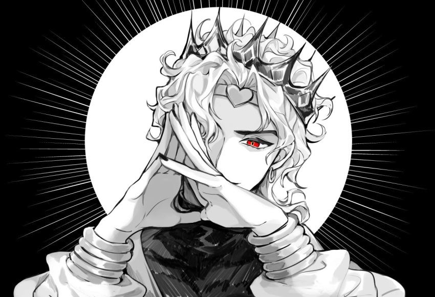 1boy, bishounen, black_background, commentary_request, crown, dio_brando, earrings, greyscale