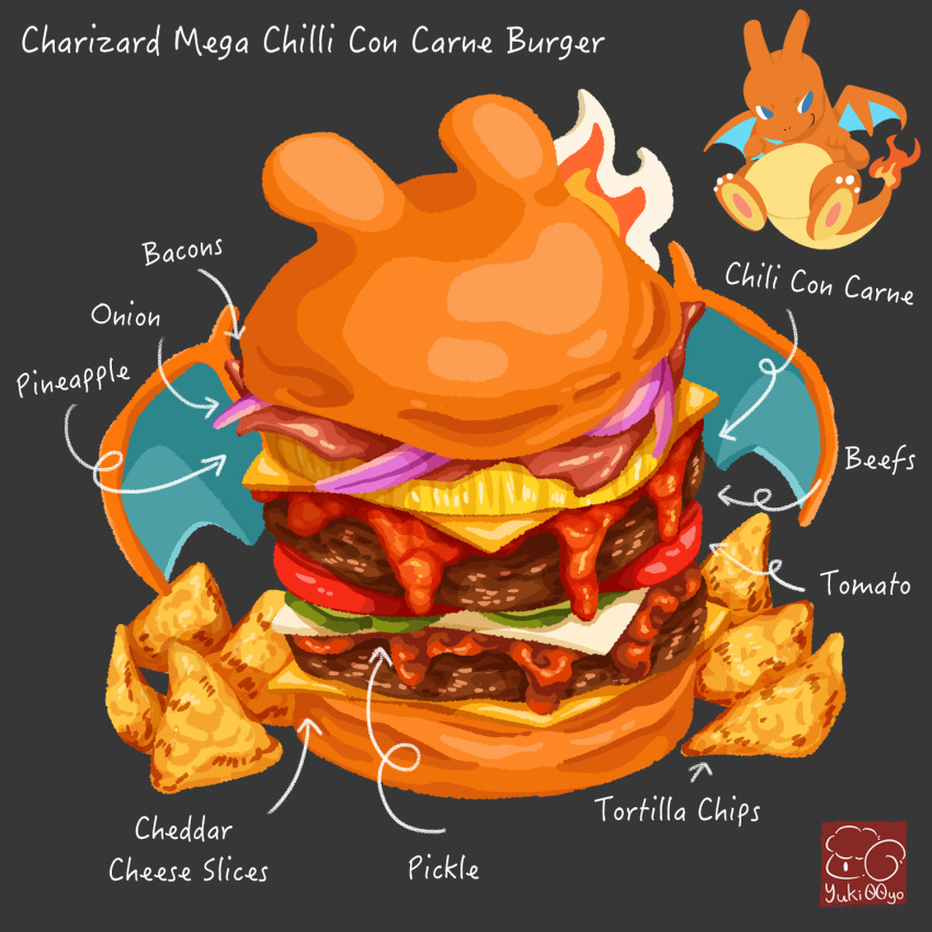 artist_logo, artist_name, bacon, bread, burger, character-themed_food, character_name, charizard