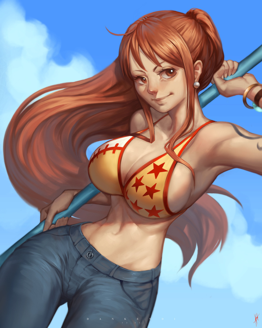 1girl, absurdres, arm_tattoo, artist_name, bare_shoulders, bikini, bikini_top_only, clouds, cloudy_sky, commentary, dan_kendi, denim, earrings, english_commentary, highres, holding, holding_polearm, holding_weapon, jeans, jewelry, long_hair, midriff, nami_(one_piece), one_piece, orange_eyes, orange_hair, outdoors, pants, pearl_earrings, polearm, ponytail, signature, sky, smile, solo, swimsuit, tattoo, weapon