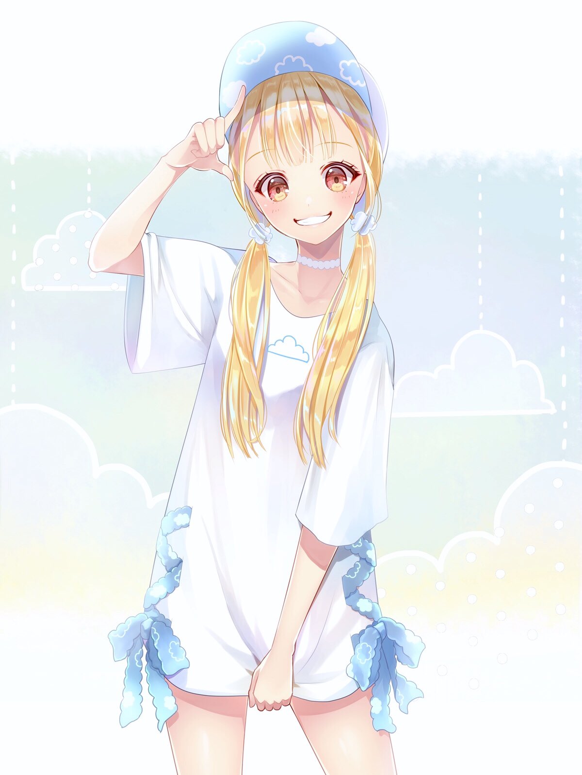 1girl, arm_up, baseball_cap, blonde_hair, blue_hat, cloud_background, cloud_print, collarbone