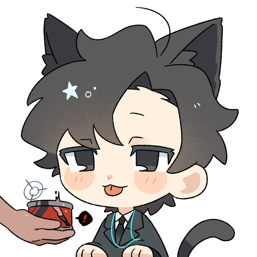 !, 1boy, 1girl, animal_ears, black_hair, black_jacket, black_necktie, blue_archive