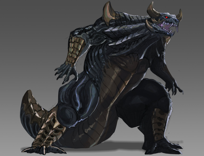 202vincent, absurdres, animal_focus, fangs, from_side, full_body, gradient_background, grey_background