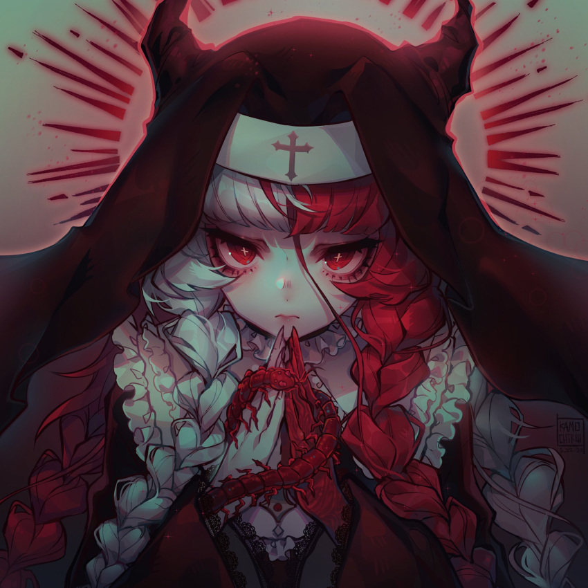 1girl, black_veil, blunt_bangs, braid, bright_pupils, bug, centipede, closed_mouth