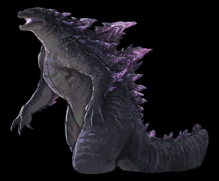 202vincent, absurdres, animal_focus, black_background, black_sclera, claws, colored_sclera, cowboy_shot, cropped_legs, crystal, from_side, godzilla, godzilla_(series), highres, kaijuu, material_growth, monster, no_humans, open_mouth, profile, scales, simple_background, solo, tail
