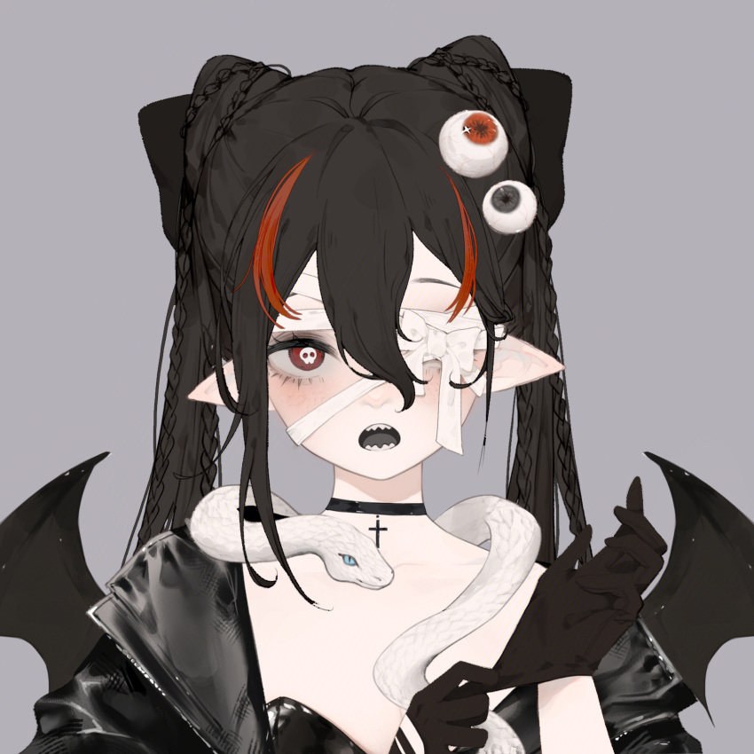 1girl, bandage_over_one_eye, black_bow, black_choker, black_eyeshadow, black_gloves, black_hair, black_jacket