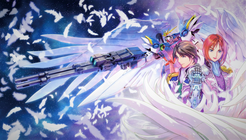 1boy, 1girl, artist_request, beam_rifle, brown_hair, buster_rifle, commentary_request, energy_gun, feathers, green_eyes, gundam, gundam_wing, gundam_wing_endless_waltz, highres, holding, holding_weapon, looking_at_viewer, mecha, mechanical_arms, mechanical_wings, mobile_suit, nagano_shiina, official_art, real_life, redhead, robot, short_hair, single_mechanical_arm, sky, star_(sky), starry_sky, takayama_minami, v-fin, weapon, wing_gundam_zero_custom, wings