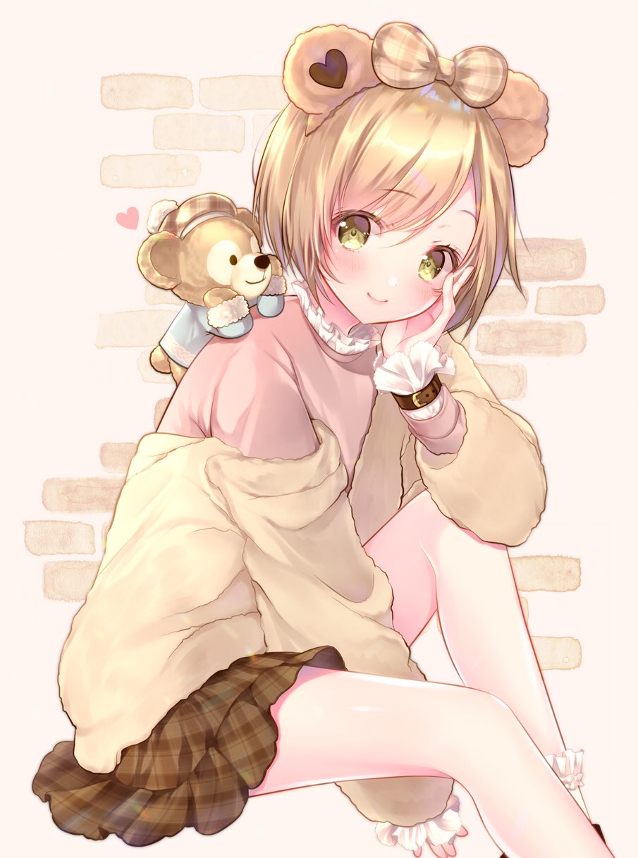 1girl, animal_ear_hairband, animal_ears, bear_ear_hairband, blonde_hair, blush, bow, brown_bow
