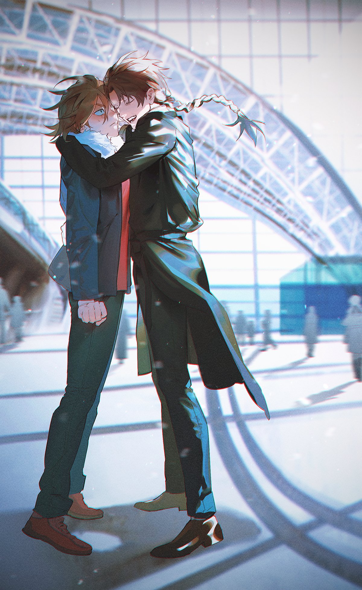2boys, black_coat, black_pants, blue_jacket, blue_pants, blush, braid, brown_footwear