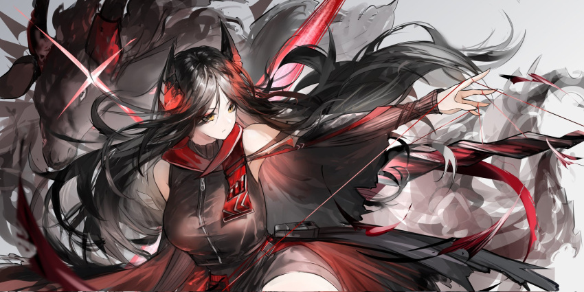 1girl, 1other, animal, arknights, aura, bare_shoulders, belt, black_hair, detached_sleeves, goat, highres, horns, ines_(arknights), lewdlily66, long_hair, looking_to_the_side, shorts, smoke, string, weapon, yellow_eyes