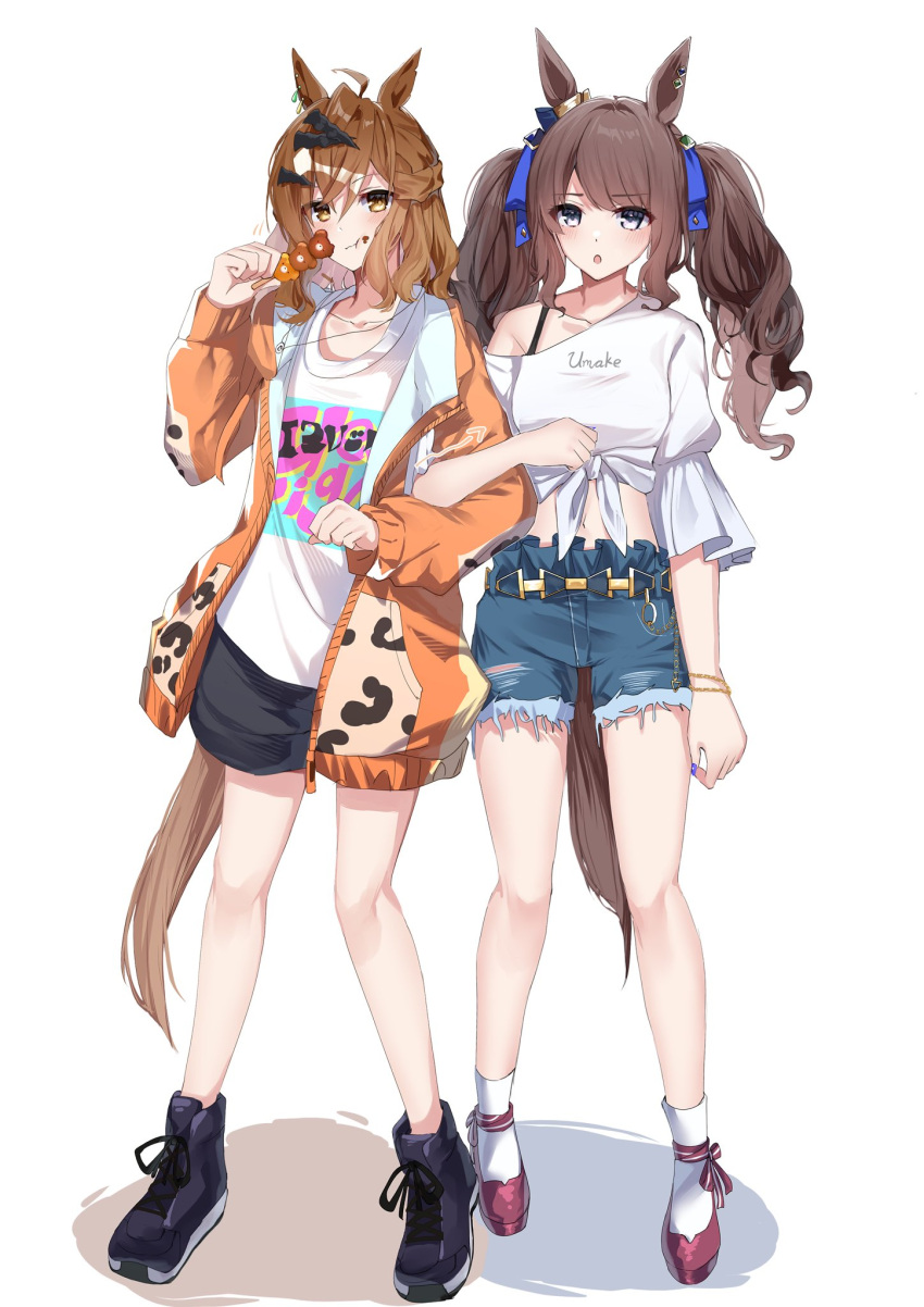 2girls, ahoge, animal_ears, black_footwear, black_shorts, blue_ribbon, blue_shorts, brown_hair