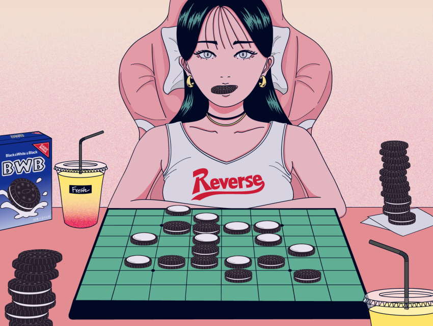 1girl, black_hair, board_game, choker, collarbone, cup, drinking_straw, earrings