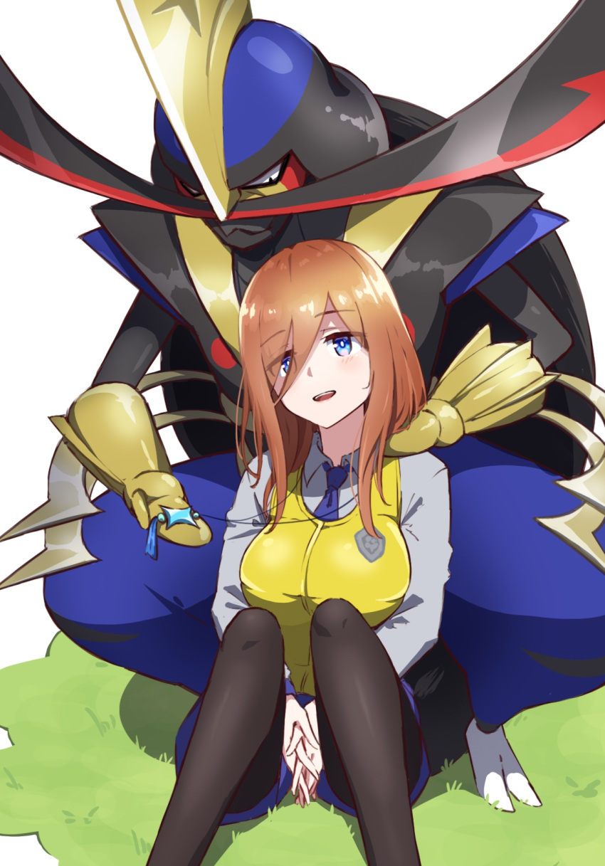 1girl, armor, behind_another, black_leggings, blue_eyes, blue_necktie, blue_shorts, breasts