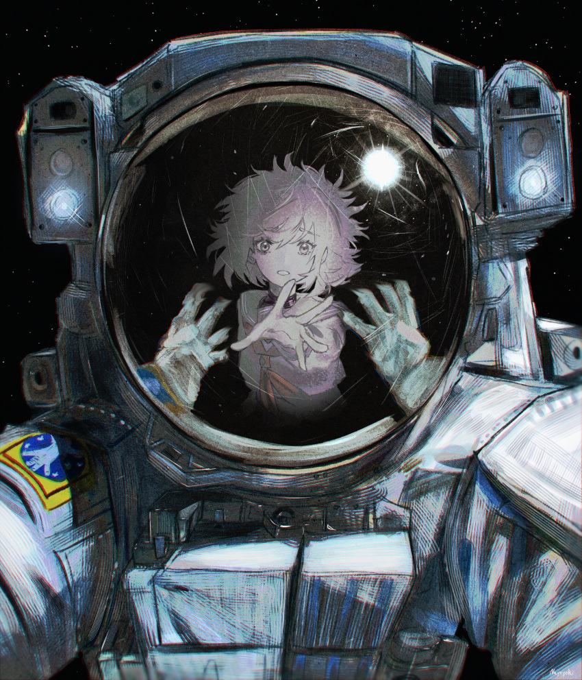 1girl, 1other, absurdres, astronaut, colored_skin, commentary_request, emblem, english_commentary, helmet, highres, light, long_sleeves, medium_bangs, medium_hair, mixed-language_commentary, nayoyoki, neckerchief, original, parted_lips, reaching, reaching_towards_viewer, reflection, reflection_focus, sailor, sailor_collar, school_uniform, space, space_helmet, spacesuit, suit, white_skin, white_suit, yellow_neckerchief