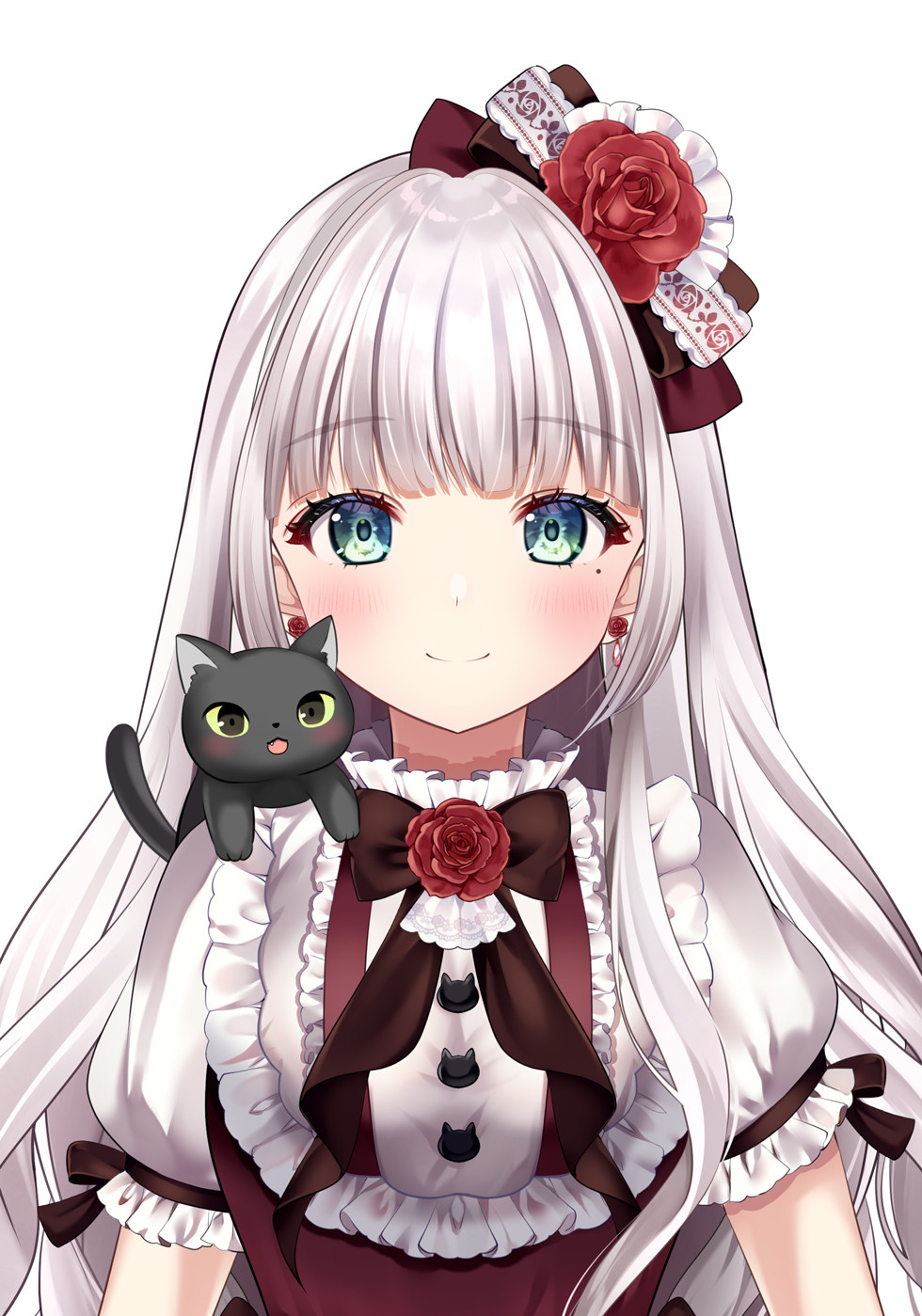 1girl, :3, animal_on_shoulder, aqua_eyes, black_cat, blunt_bangs, bow, brown_bow