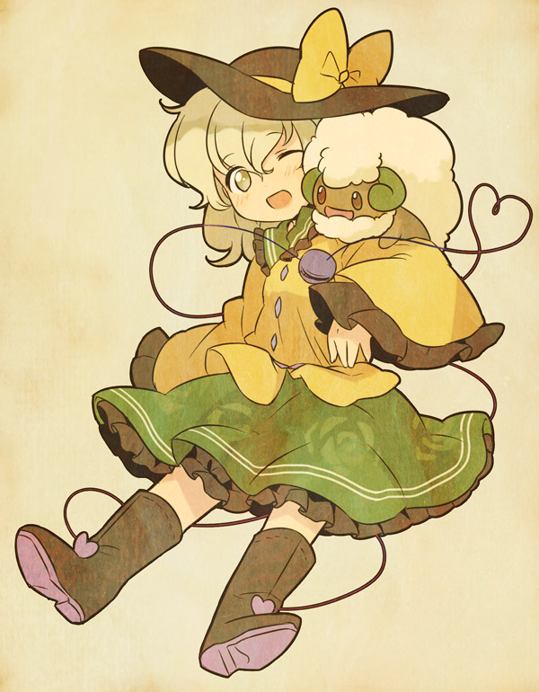 1girl, chaba_(hortensia), green_eyes, green_hair, hat, hat_ribbon, komeiji_koishi, pokemon
