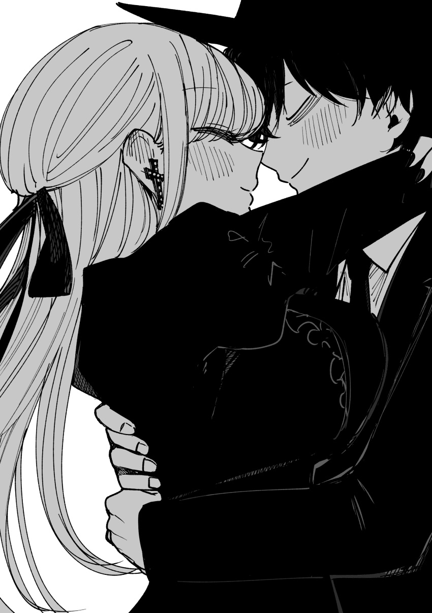 1boy, 1girl, absurdres, alice_lendrott, arms_around_neck, arms_around_waist, blush, bocchan_(shinigami_bocchan_to_kuro_maid)