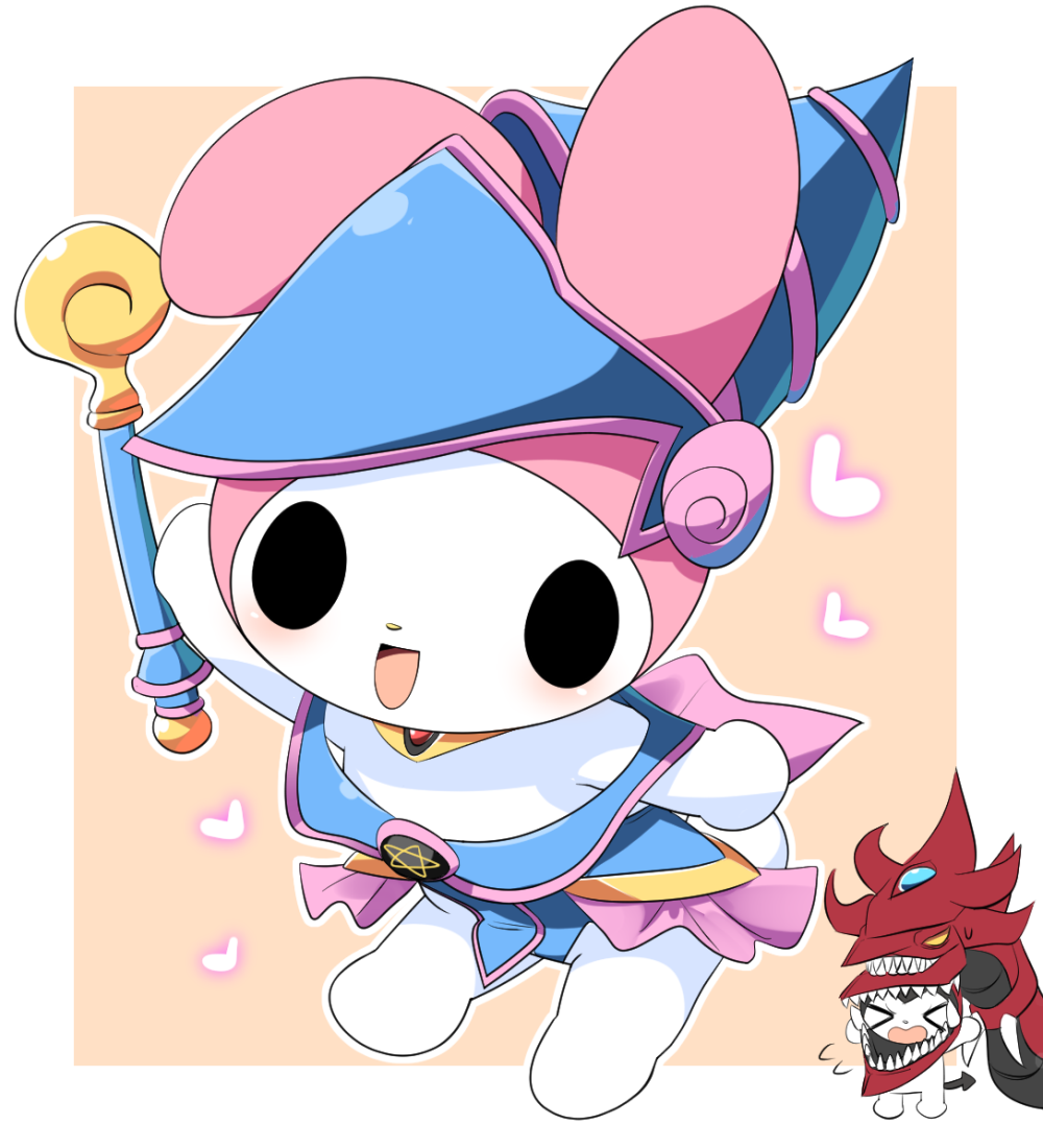 >_<, animal_costume, black_eyes, blue_dress, blue_hat, closed_eyes, commentary_request, cosplay, dark_magician_girl, dark_magician_girl_(cosplay), dragon_costume, dress, full_body, hat, heart, holding, holding_wand, kuromi, lets0020, looking_at_viewer, my_melody, no_humans, open_mouth, orange_background, osiris_the_sky_dragon, osiris_the_sky_dragon_(cosplay), pentacle, sanrio, simple_background, smile, solo_focus, two-tone_background, wand, white_background, wizard_hat, yu-gi-oh!