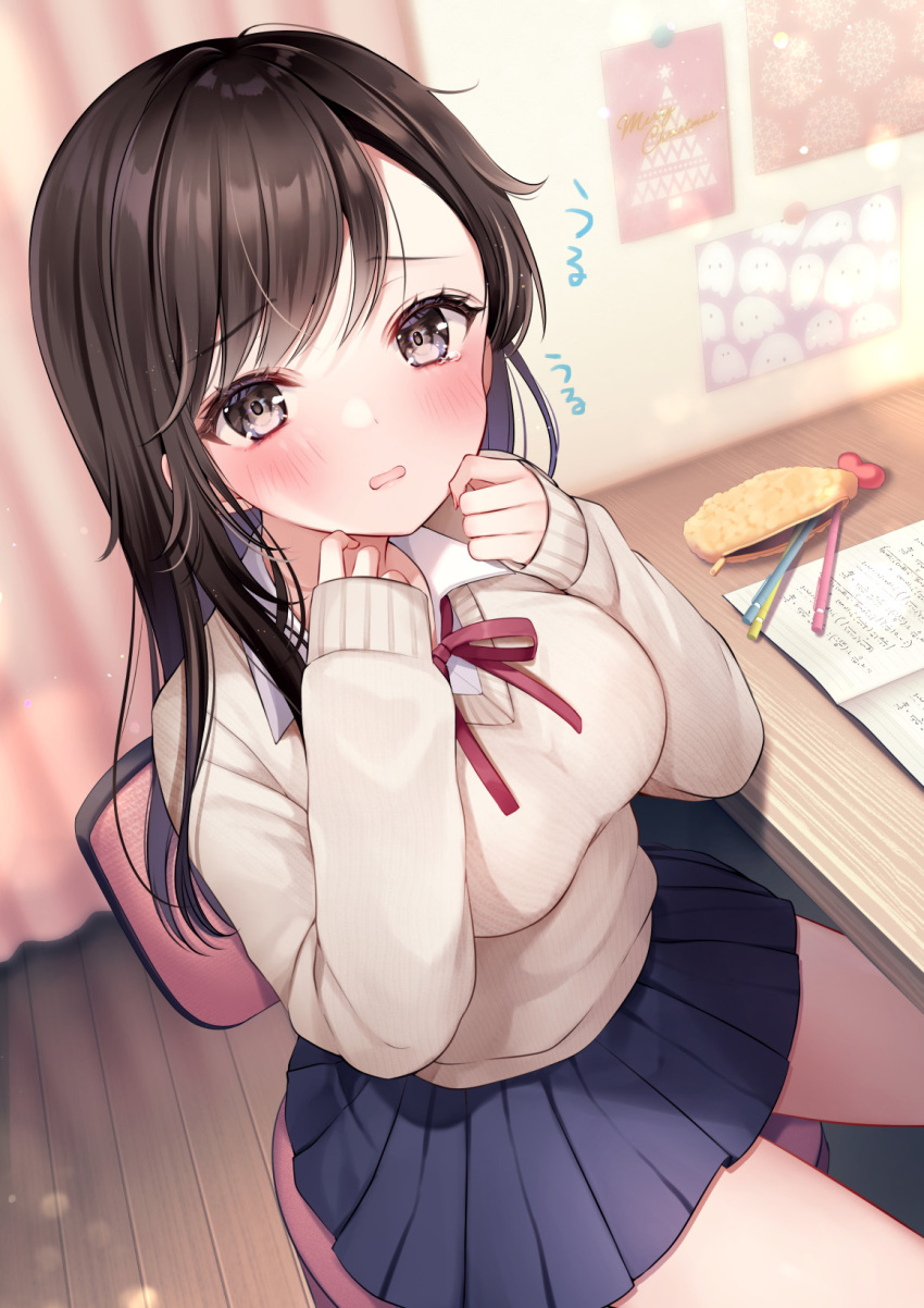 1girl, blue_skirt, blurry, blurry_background, blush, book, breasts, brown_hair