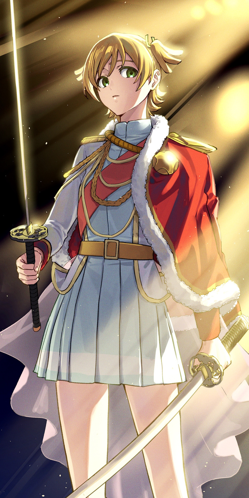 1girl, absurdres, aiguillette, arm_at_side, belt, belt_buckle, black_background, blonde_hair, buckle, commentary, cowboy_shot, daiba_nana, dual_wielding, epaulettes, fur-trimmed_jacket, fur_trim, green_eyes, green_ribbon, grey_skirt, hair_ribbon, hand_up, highres, holding, holding_sword, holding_weapon, jacket, jacket_on_shoulders, katana, light_particles, long_sleeves, looking_at_viewer, miniskirt, nigatsumikka, parted_lips, pleated_skirt, red_jacket, red_sash, ribbon, sash, short_hair, short_twintails, shoujo_kageki_revue_starlight, shoulder_sash, sidelighting, single_stripe, skirt, solo, stage_lights, standing, striped_clothes, striped_skirt, sword, twintails, waist_cape, weapon, white_jacket, yellow_belt