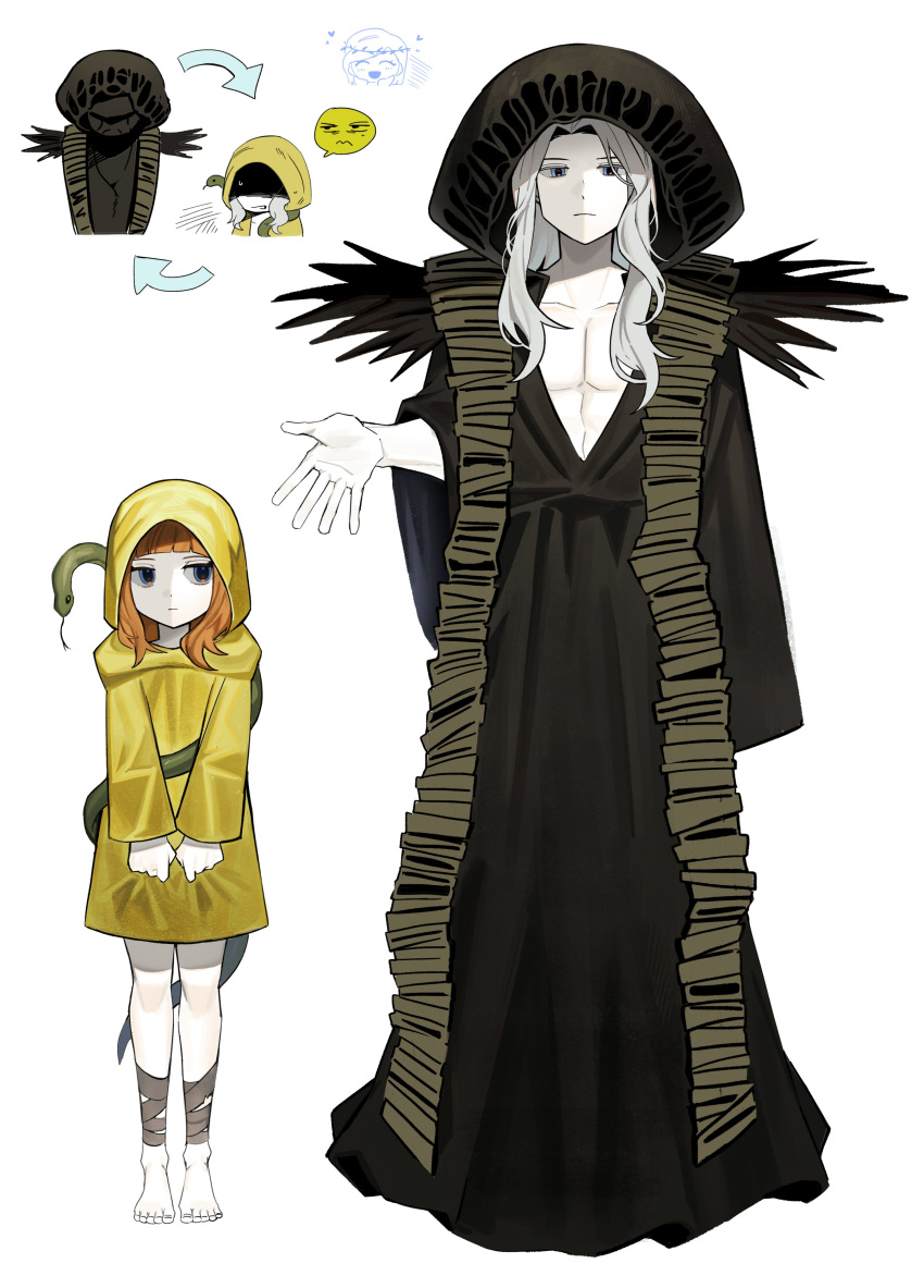 1boy, 1girl, absurdres, asdf1211950, bandaged_leg, bandages, barefoot, black_robe