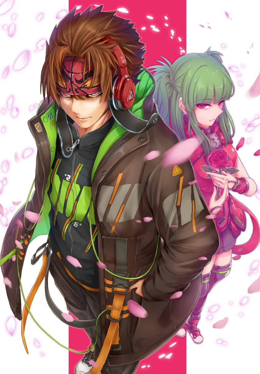 1boy, 1girl, beatmania_iidx, black_shirt, black_skirt, blunt_bangs, brown_eyes, brown_hair, brown_jacket, brown_pants, closed_mouth, commentary_request, daruma_(beatmania), expressionless, flower, full_body, green_hair, headband, headphones, highres, hishimiya_tsugaru, holding, holding_flower, jacket, jitome, long_hair, looking_at_viewer, medium_bangs, motsu_(kirabeatkila), open_clothes, open_jacket, pants, petals, pink_eyes, pleated_skirt, red_background, red_flower, red_footwear, red_headband, red_rose, red_shirt, rose, rose_petals, shirt, shoes, short_hair, sidelocks, skirt, two-tone_background, two_side_up, white_background