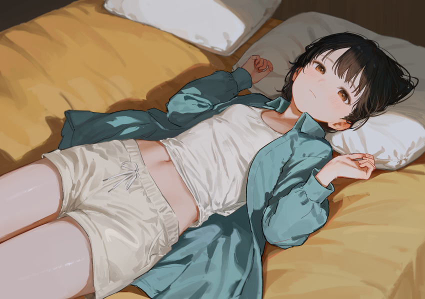 1girl, akipeko, aqua_shirt, bed, breasts, brown_eyes, cropped_legs, highres