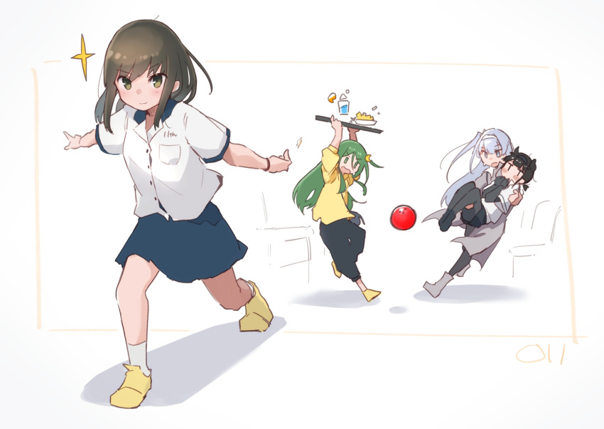 4girls, ankle_socks, arms_up, ball, black_bodysuit, black_footwear, black_hairband, black_leggings