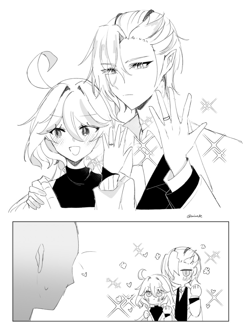 1boy, 1girl, 1other, absurdres, ahoge, alternate_costume, asymmetrical_bangs, blush, furina_(genshin_impact), genshin_impact, hair_between_eyes, hair_over_one_eye, hand_on_another's_shoulder, heart, hetero, heterochromia, highres, jewelry, long_sleeves, looking_at_another, looking_to_the_side, monochrome, necktie, neuvillette_(genshin_impact), no_mouth, open_hand, open_mouth, reiu_(rriuette), ring, short_hair, slit_pupils, smile, sparkle, standing, suit, sweatdrop, swept_bangs, turtleneck, twitter_username, wedding_ring