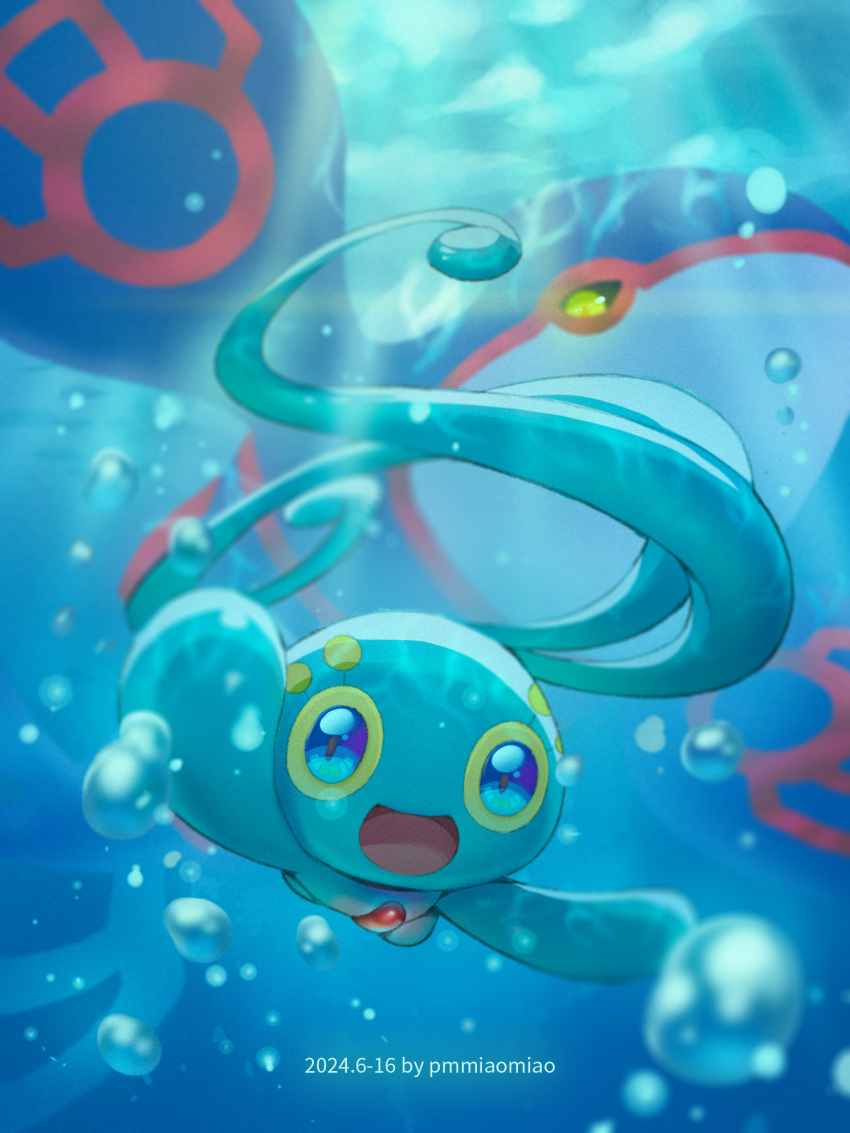 :d, air_bubble, artist_name, blue_eyes, blurry, bubble, commentary_request, dated, depth_of_field, highres, kyogre, light_rays, looking_at_viewer, manaphy, no_humans, open_mouth, pmmiaomiao, pokemon, pokemon_(creature), smile, underwater