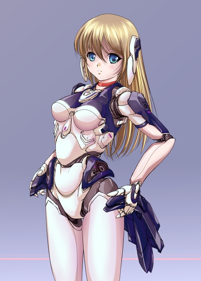 artist_request, blonde_hair, blue_eyes, blush, bodysuit, choker, doll_joints, long_hair, mori_chu, original, solo, source_request