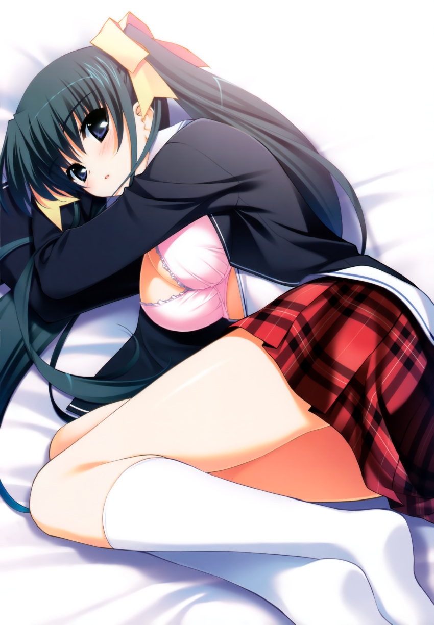 artist_request, black_hair, blue_eyes, blush, bra, breasts, cleavage, fumio