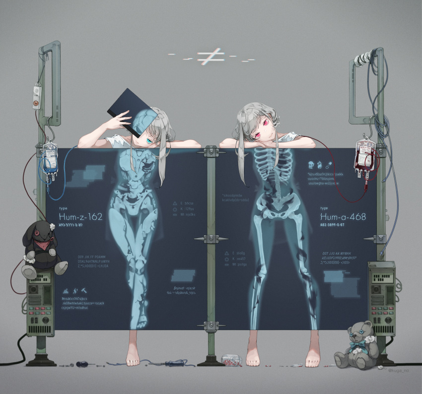 2girls, barefoot, blue_eyes, cable, computer, cyborg, electric_plug, grey_background